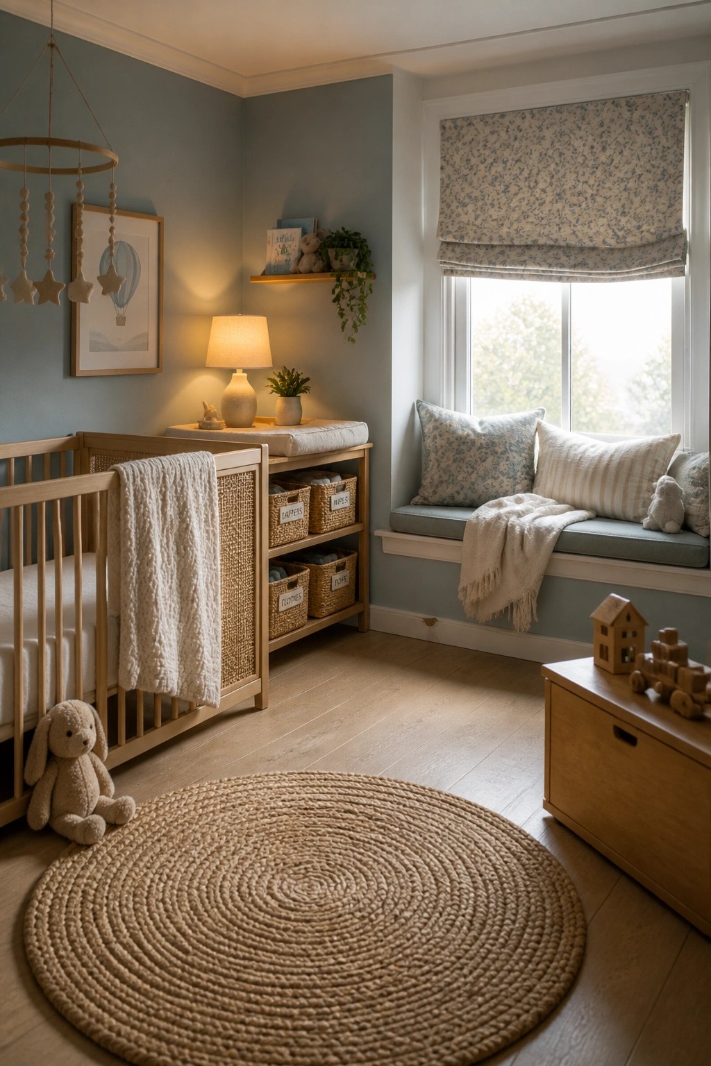 A nursery room with blue gray walls, a wooden crib, a changing table with storage baskets, and a window seat with pillows.