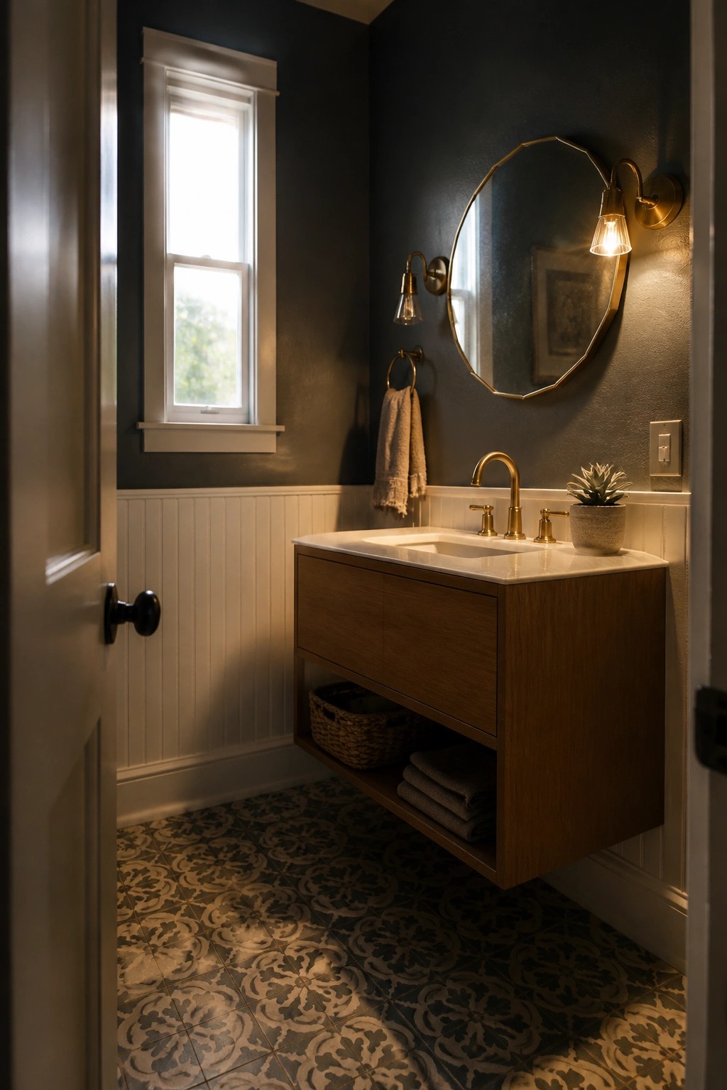 A small bathroom with dark blue-gray walls above white beadboard wainscoting, a floating wood vanity with white countertop, and patterned tile flooring.