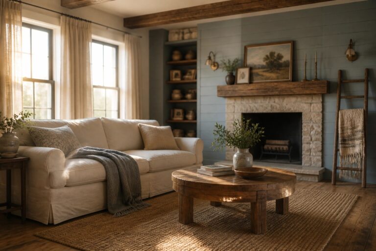 17 Blue Gray Farmhouse Paint Colors for Classic Rustic Charm A living room interior with blue gray walls, a white slipcovered sofa, a round wooden coffee table, and a large stone fireplace with a wooden mantel.