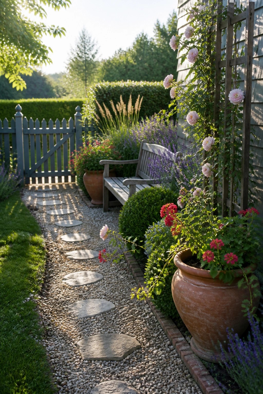 A gravel path with irregular stepping stones runs alongside a house with gray siding, passing potted red and pink flowers, a wooden bench, and climbing roses on a trellis.