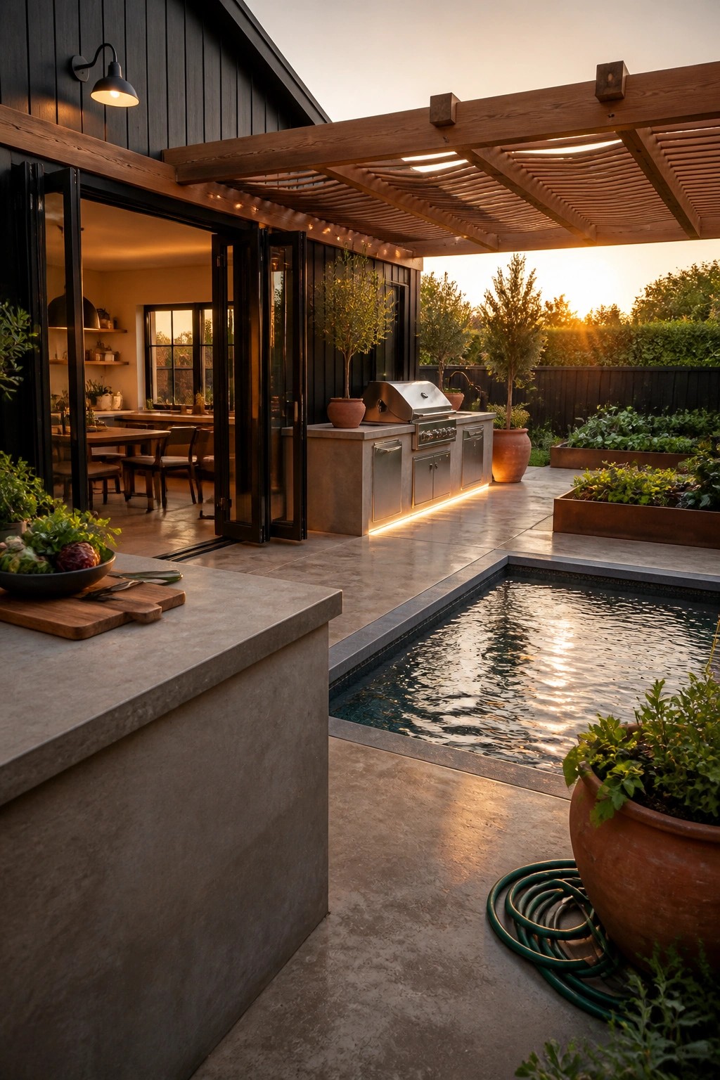 A contemporary barn house backyard featuring a rectangular pool, outdoor kitchen with stainless steel grill under a wooden pergola, open black-framed doors to an interior space, and large terracotta pots at dusk.