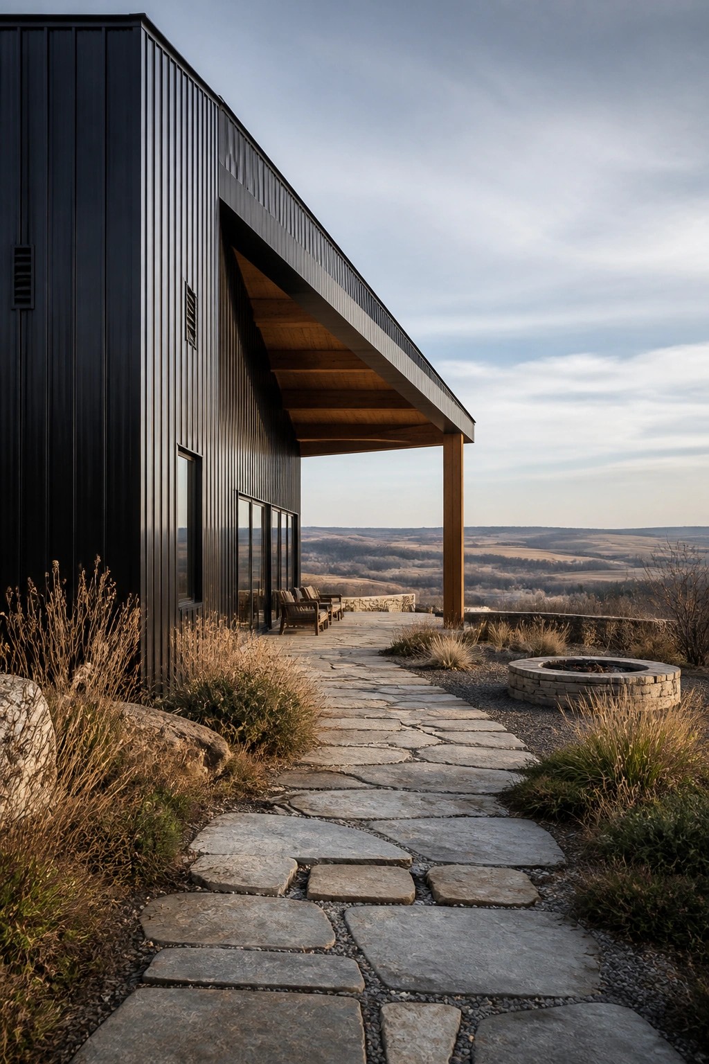 Modern black metal barn house with wooden overhang, glass doors, stone path, and stone fire pit overlooking rolling fields.