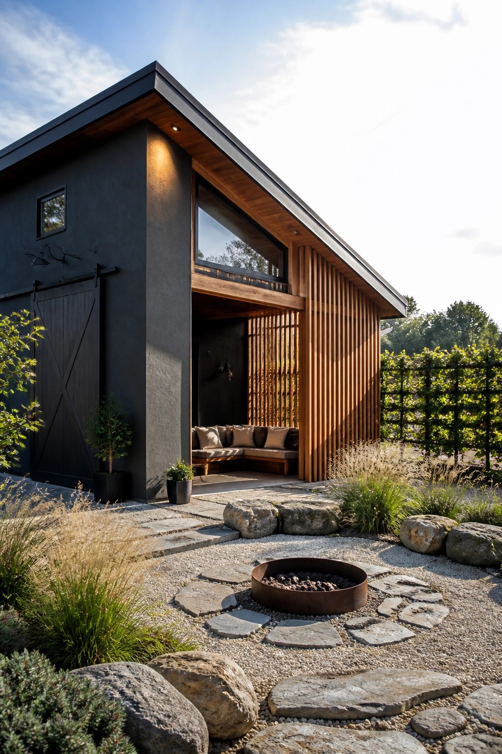 Modern dark house with wooden patio, fire pit, and stone garden path