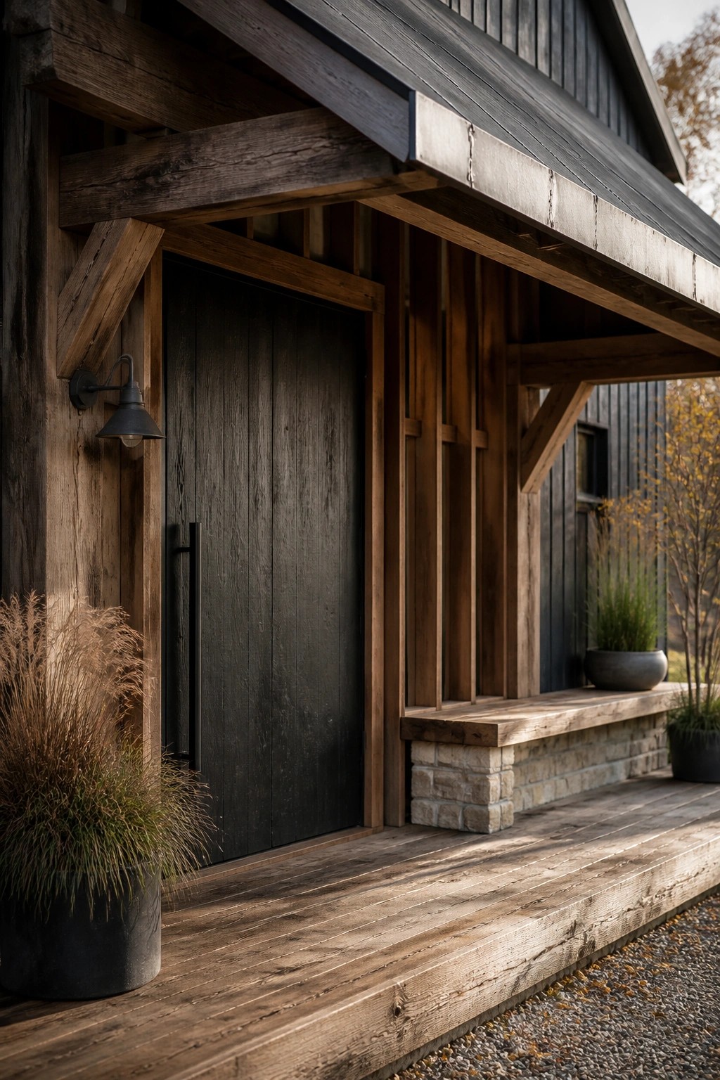 Rustic wooden house entrance with dark door, porch bench, and potted plants.