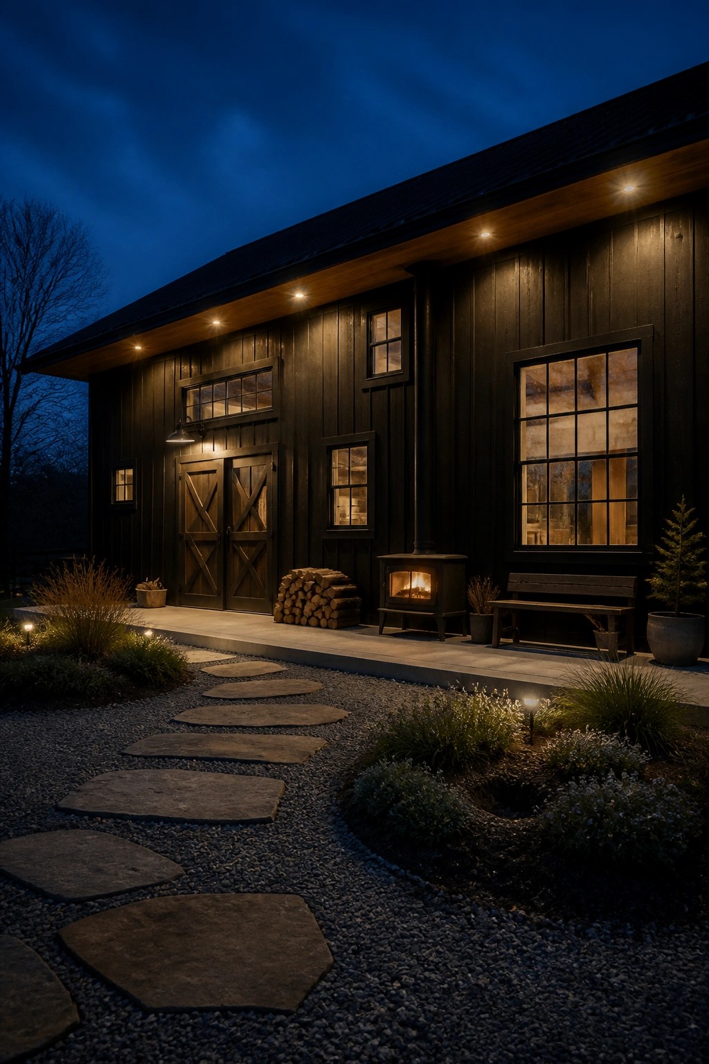 A dark wooden barn-style house exterior at night featuring double doors, multiple windows with interior light, an outdoor wood stove, a bench, and a gravel path with stepping stones.