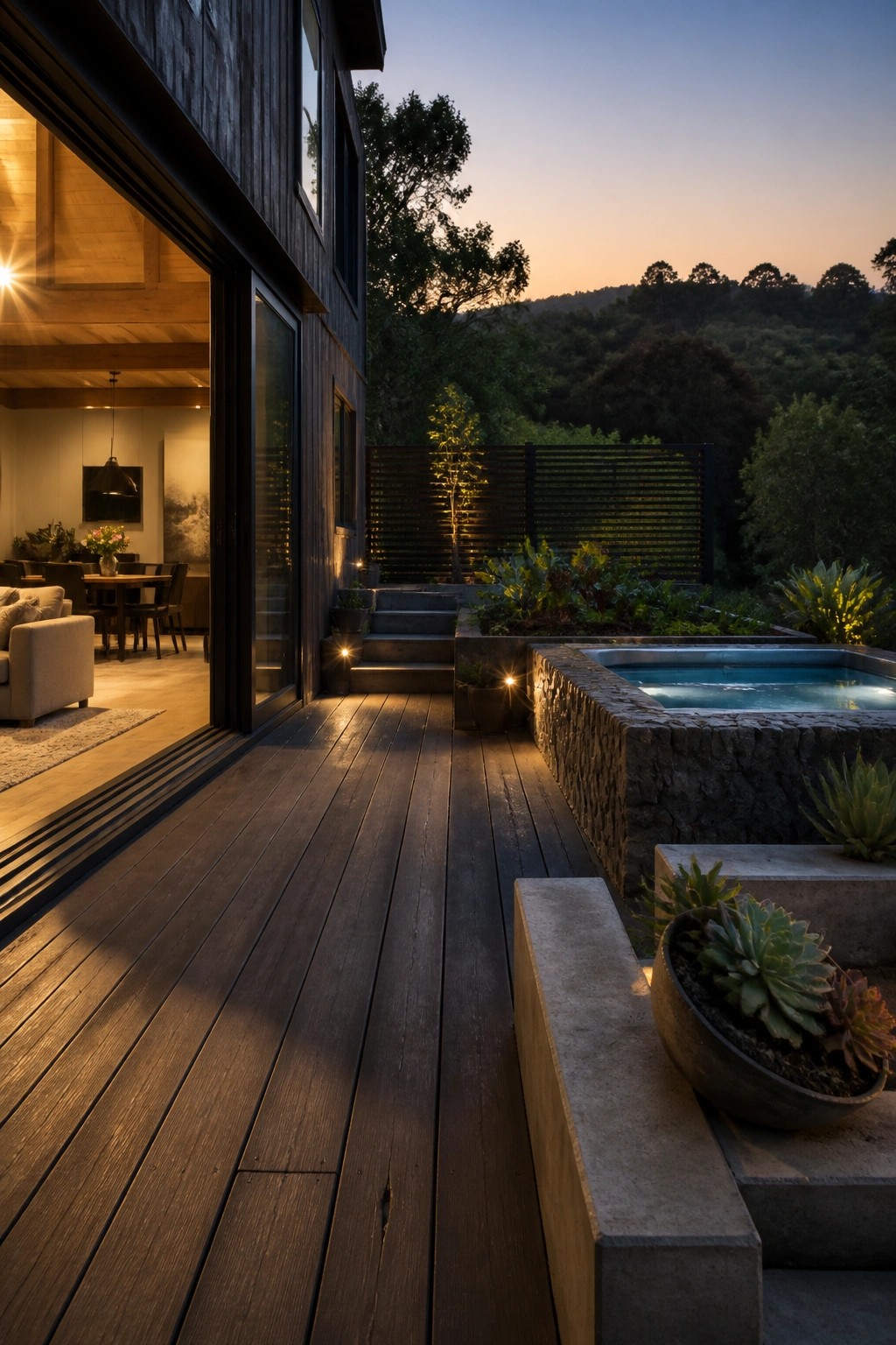 A dark wood deck leads from an open barn-style house to a stone hot tub on a hillside at dusk.