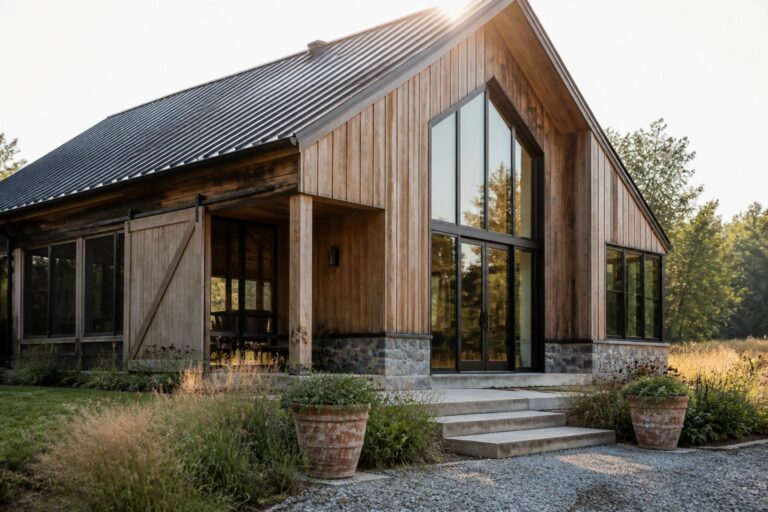 A contemporary barn-style house exterior with vertical wood siding, a black metal roof, large black-framed windows, a sliding wooden barn door, and concrete steps leading to the entrance.