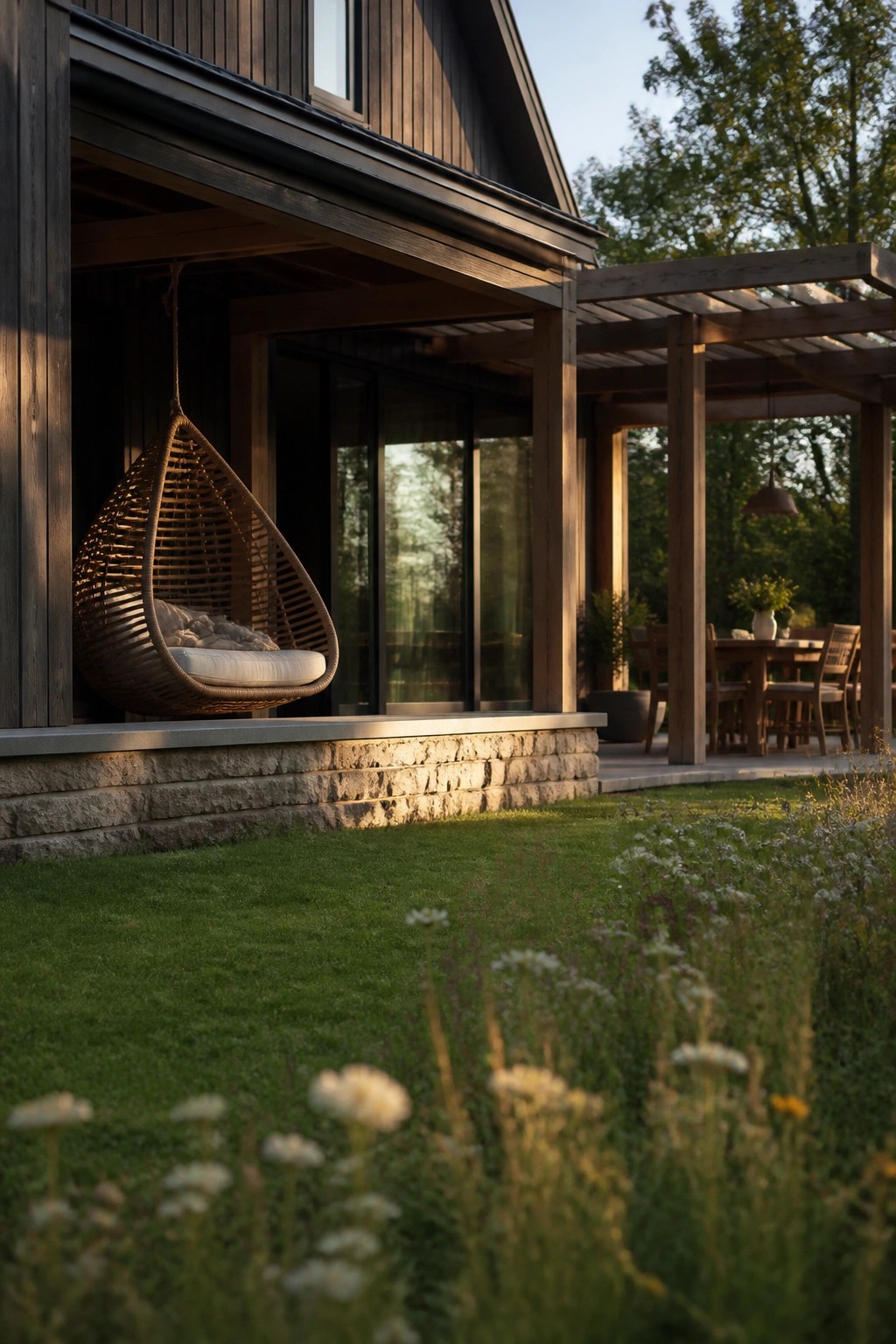 A woven hanging chair with cushions suspended from the covered porch of a dark wood barn house with a stone foundation and large windows.