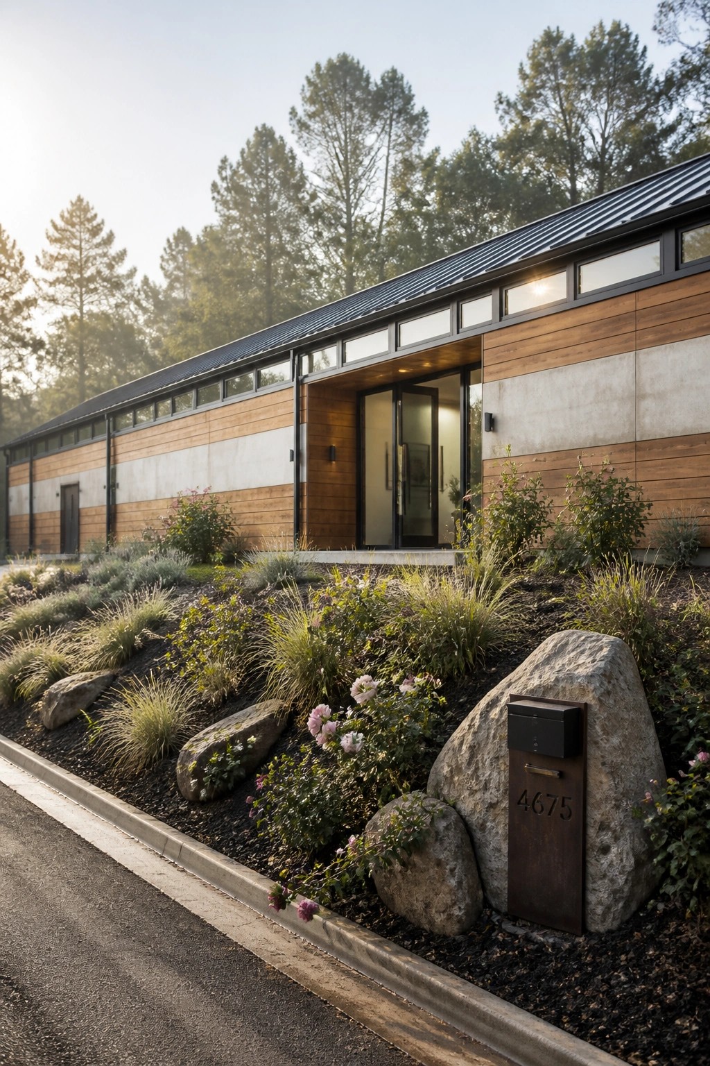 Modern house with wood-concrete siding, metal roof, rock mailbox in landscaped garden