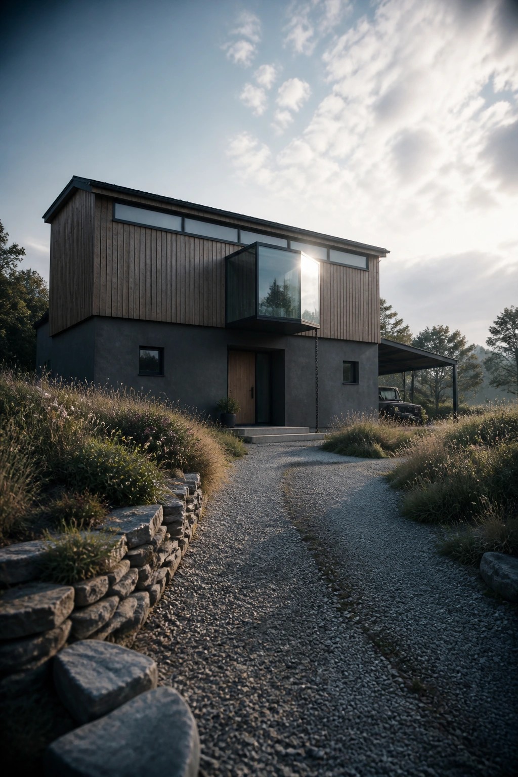 A modern two-story barn house with horizontal wood siding on the upper level, a concrete lower level, a cantilevered glass box, and a gravel path leading to the front door.