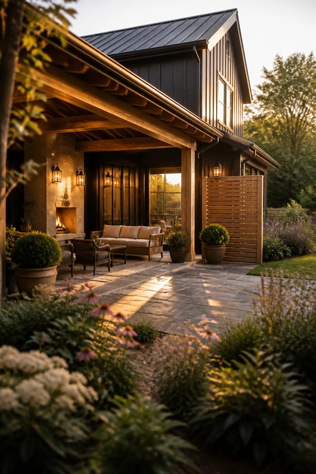 Modern dark wood home with patio fireplace, sofa, and blooming garden at sunset.