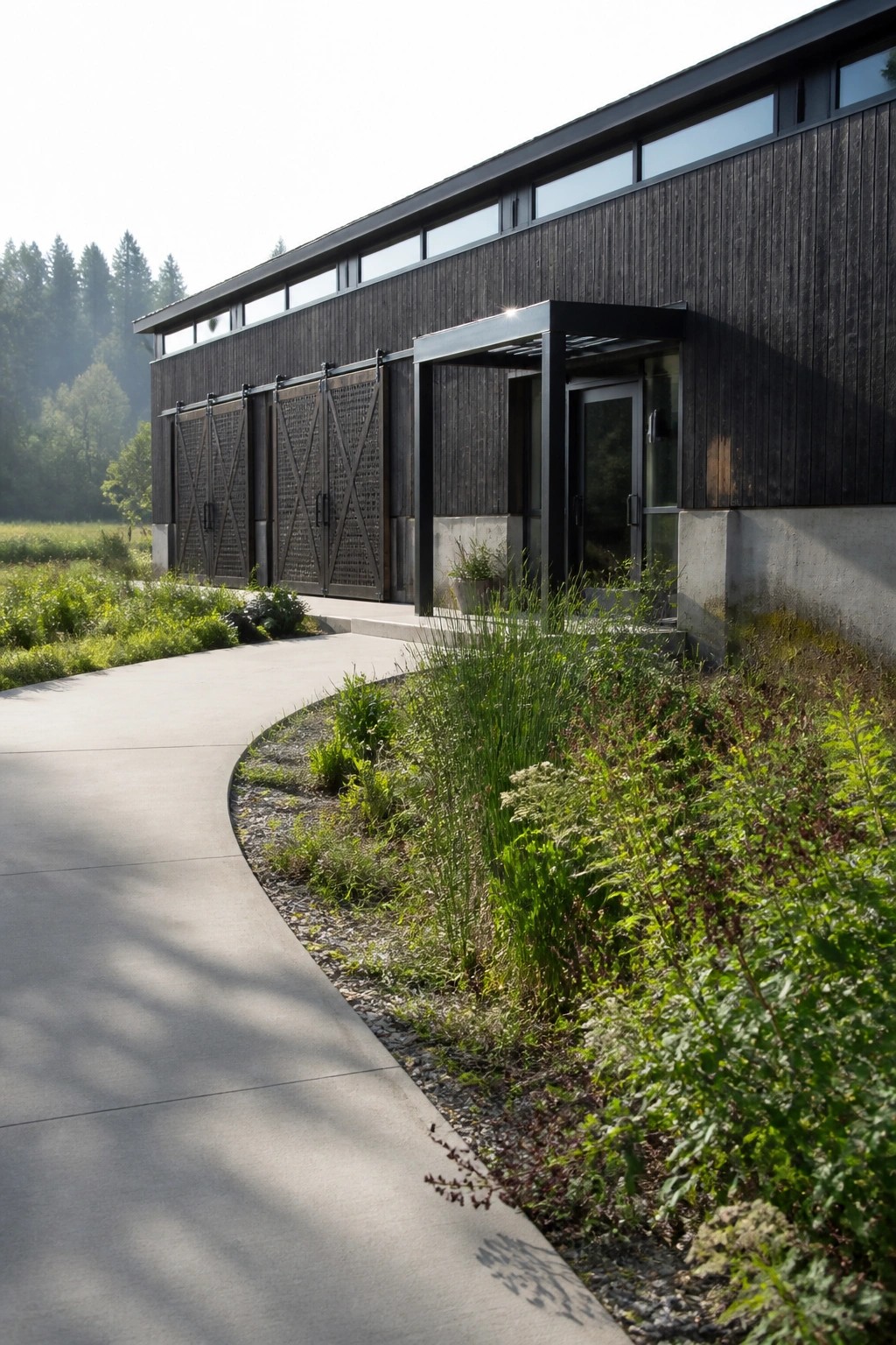 A modern barn-style house exterior with dark wood siding, multiple large sliding barn doors, a glass entry door under a flat overhang, and a curved concrete walkway beside wild landscaping.