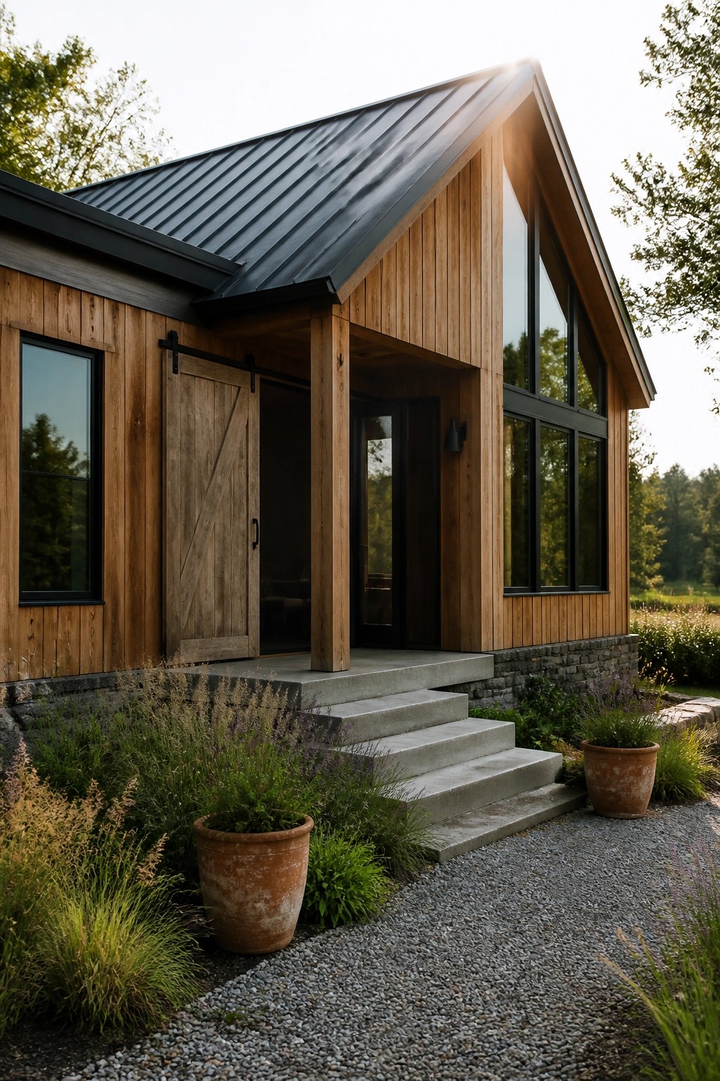 A contemporary barn-style house exterior with vertical wood siding, a black metal roof, large black-framed windows, a sliding wooden barn door, and concrete steps leading to the entrance.