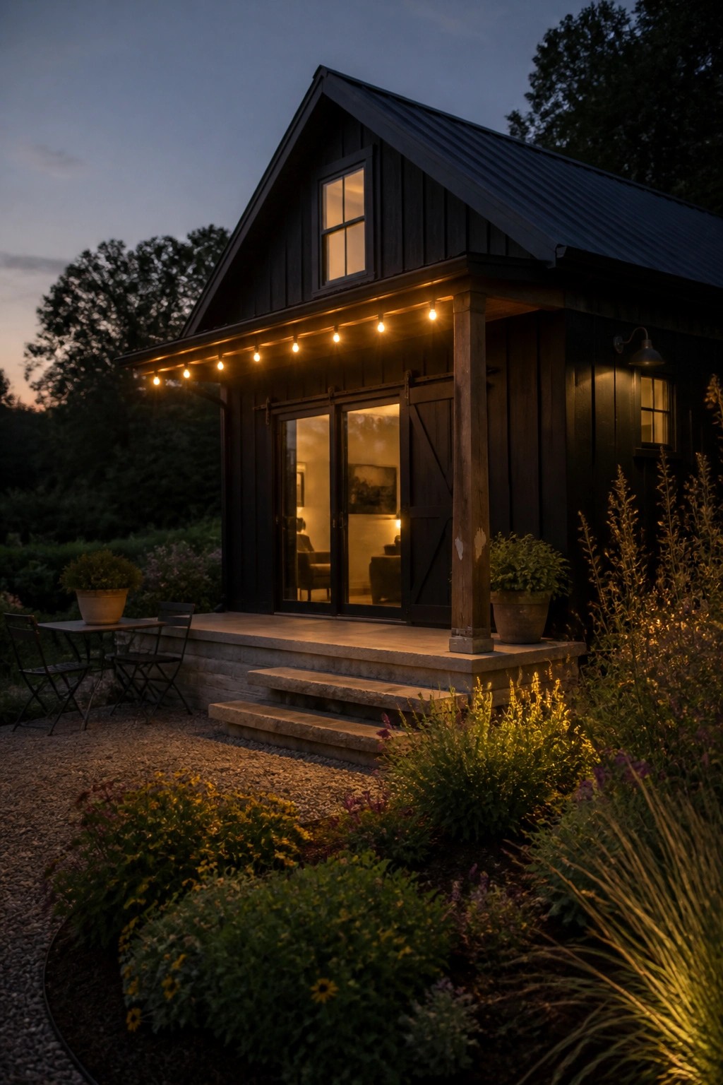 Dark cabin with glowing string lights, stone steps, and lush garden at dusk.