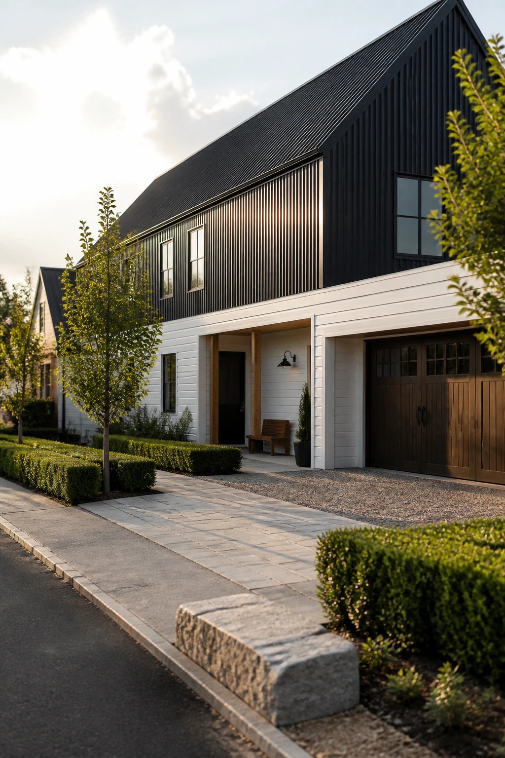 A modern barn-style house with black vertical metal siding on the upper half and white horizontal siding on the lower half, including a wooden garage door and landscaped front path.