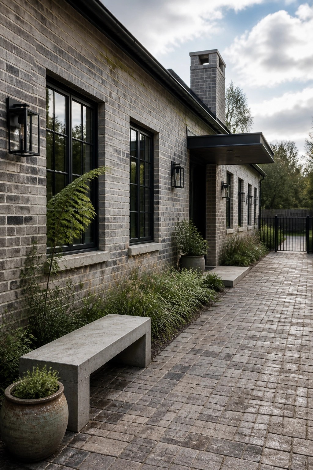 A gray brick house exterior with multiple black-framed windows, a flat roof overhang, a concrete bench, potted plants, and a paved walkway along the side.