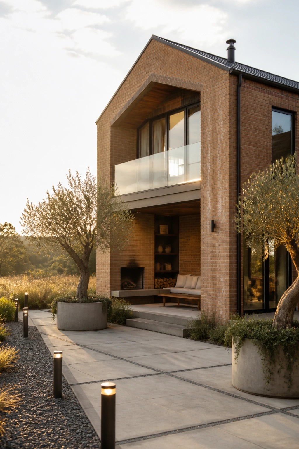 Modern brick house with glass balcony, outdoor fireplace, concrete patio, and pathway lights.
