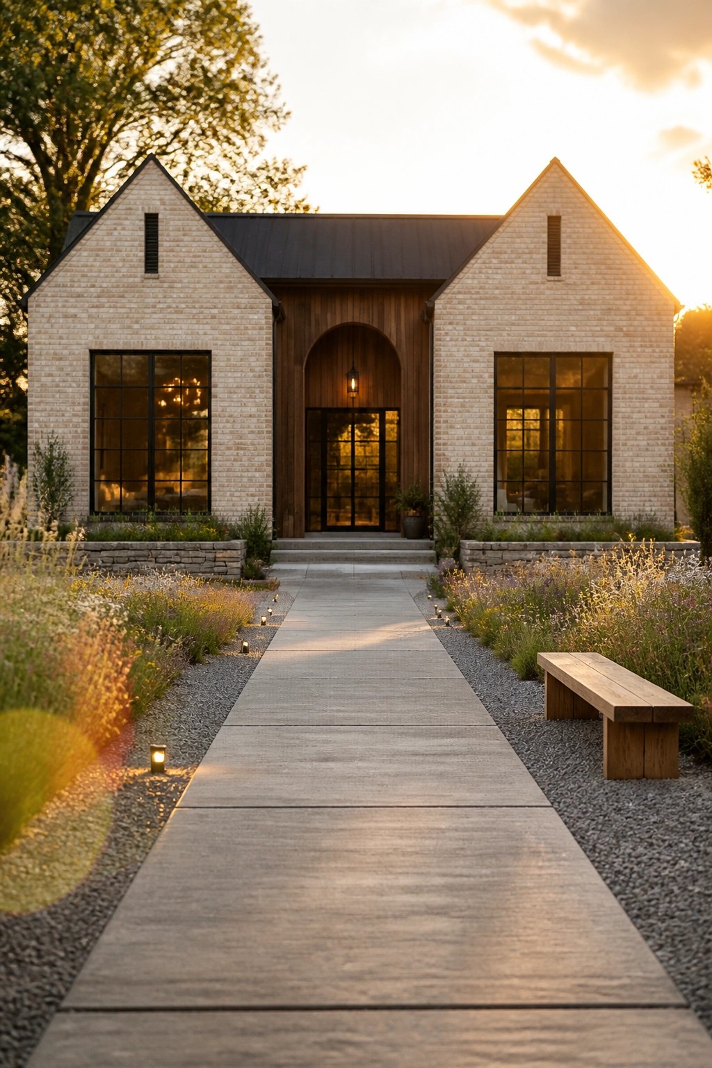A front view of a light brick farmhouse with two gabled wings, a central dark wood arched entry, large black-framed windows, and a concrete path leading to the door.