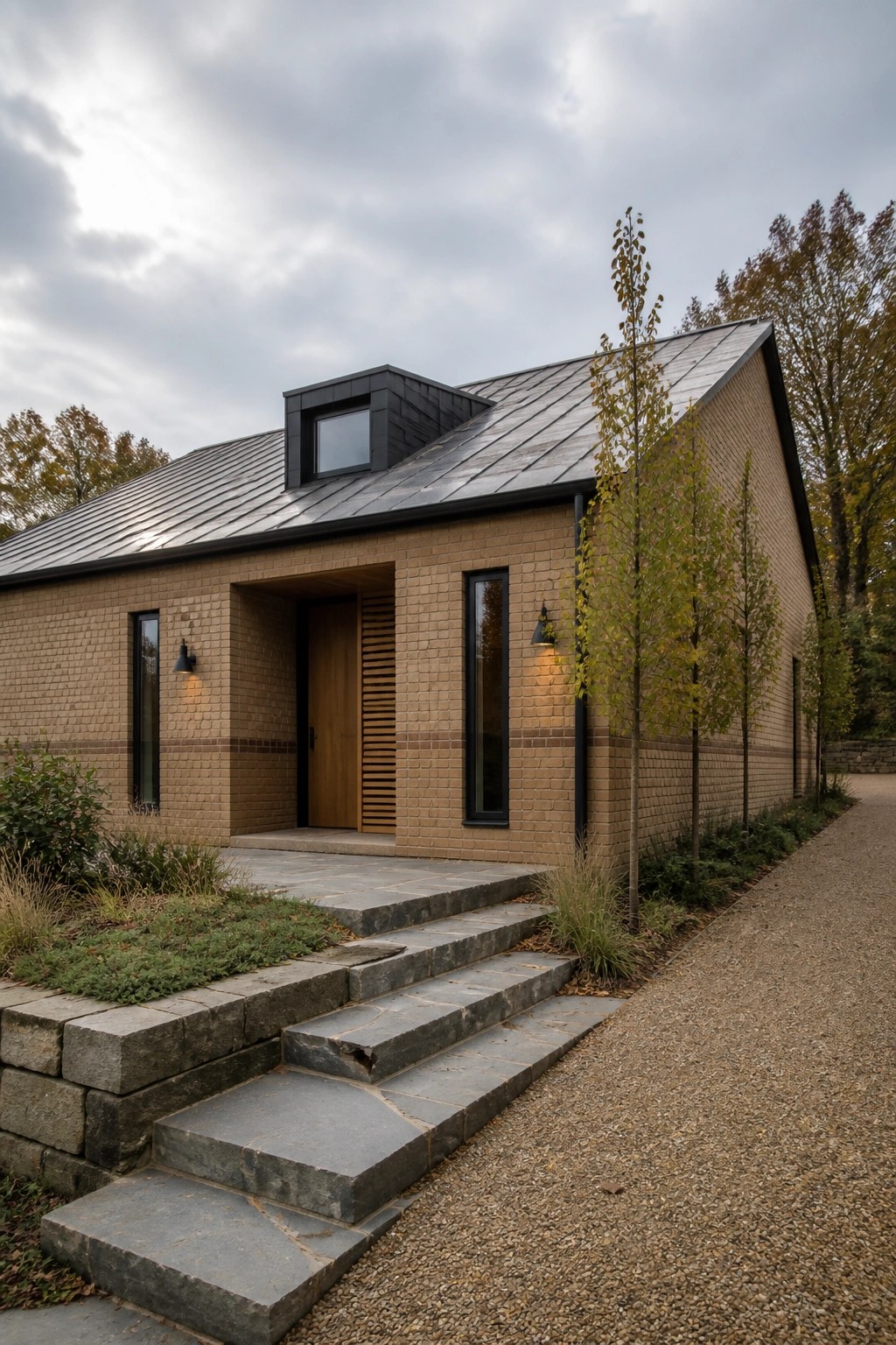 Modern brick house with dark metal roof, wooden door, and stone steps.