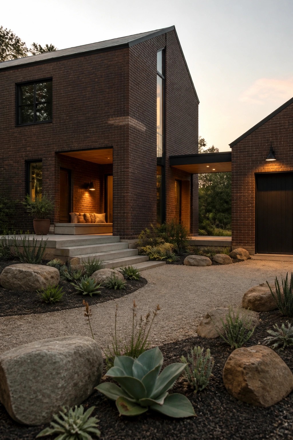 A dark brick contemporary farmhouse with a recessed entry porch, tall narrow window, gravel driveway, and rock-edged landscaping at dusk.