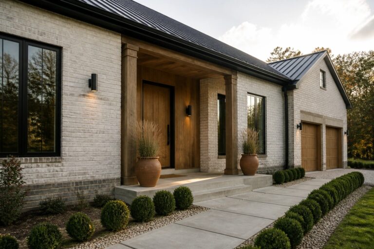 16 Contemporary Brick Farmhouse Exterior Ideas Built Around Clean Architectural Lines A white brick house exterior with a wooden front entry porch, steps, and potted plants beside the door.