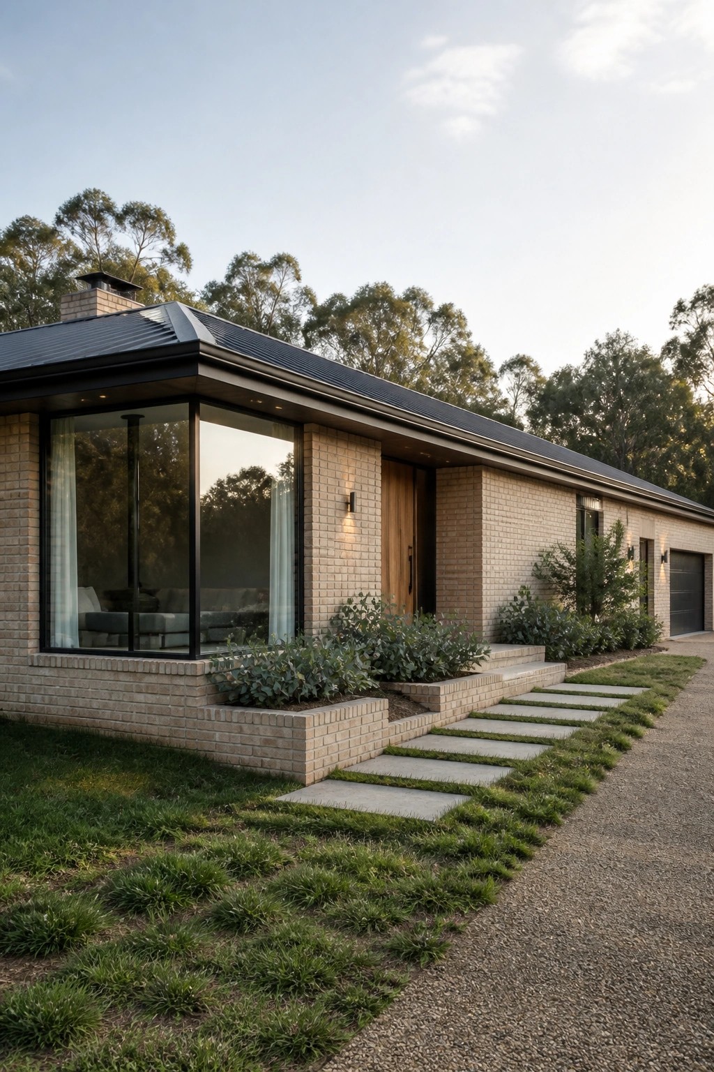 A single-story light brick house with a dark metal roof, large black-framed windows, a wooden front door, and concrete steps, shown from an angled view with landscaping and a gravel driveway.