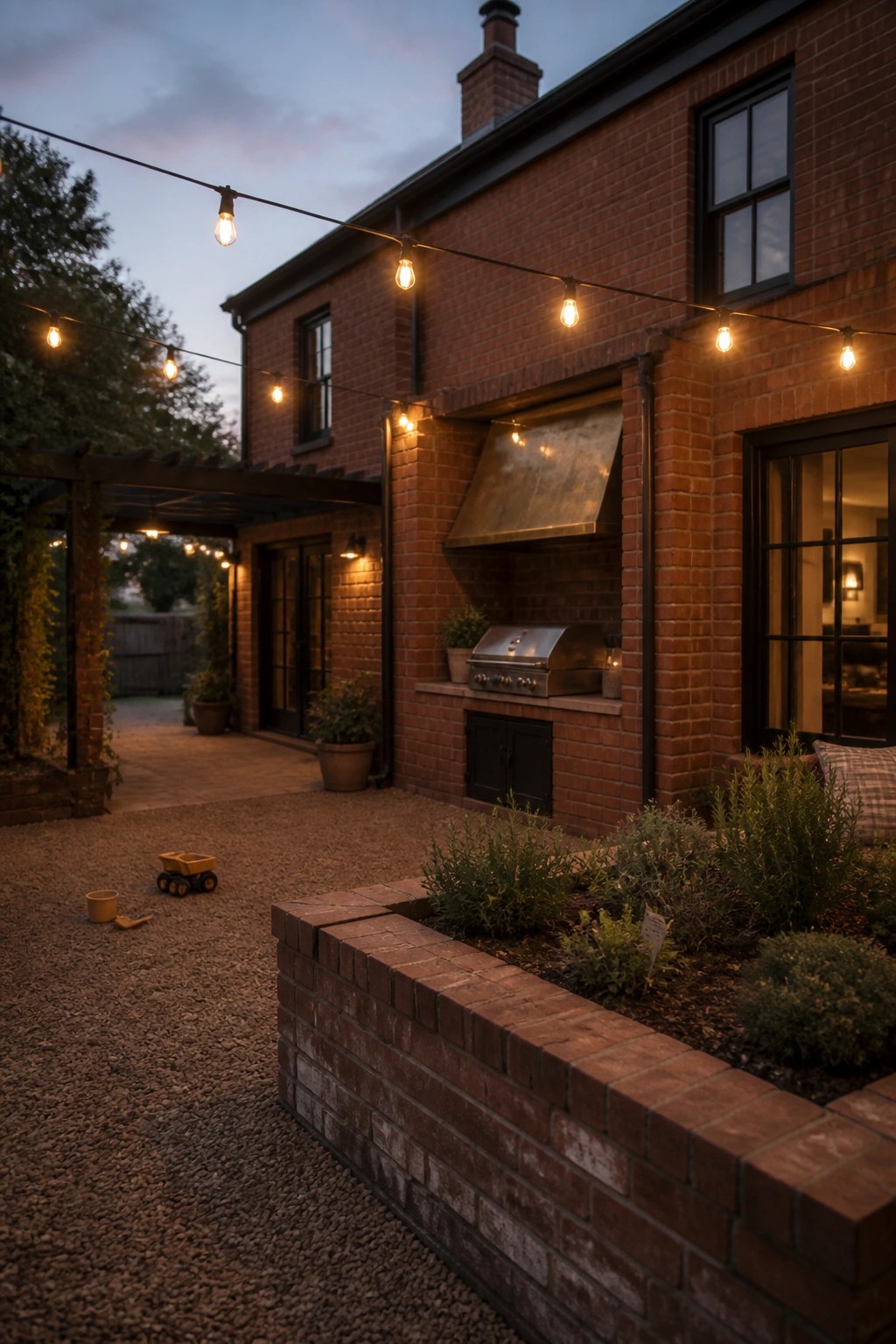 A red brick farmhouse exterior at dusk showing an outdoor kitchen with a metal range hood and grill built into the wall under string lights.