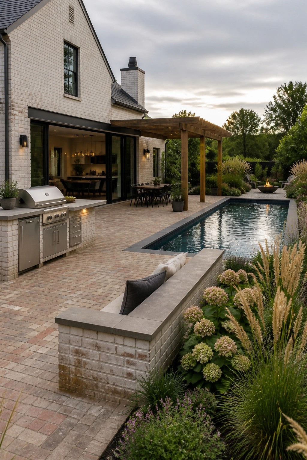 Modern backyard with pool, brick outdoor kitchen, wooden pergola, and lush garden seating.