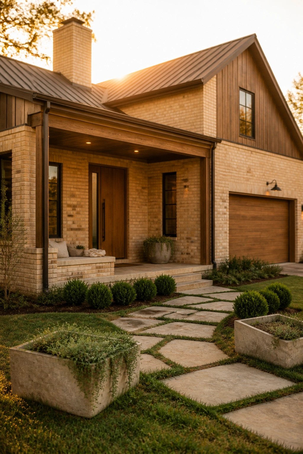 A contemporary brick farmhouse with a covered entry porch, mixed brick and wood siding, metal roof, and attached garage.