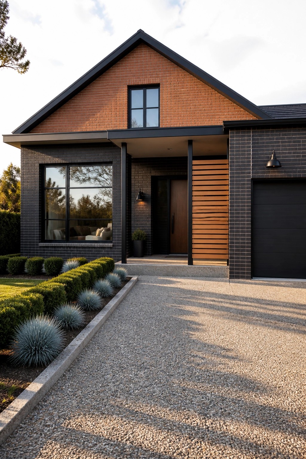Front view of a contemporary brick house with a red gable, dark brick walls, black window frames, a wood accent panel beside the door, and a gravel driveway.