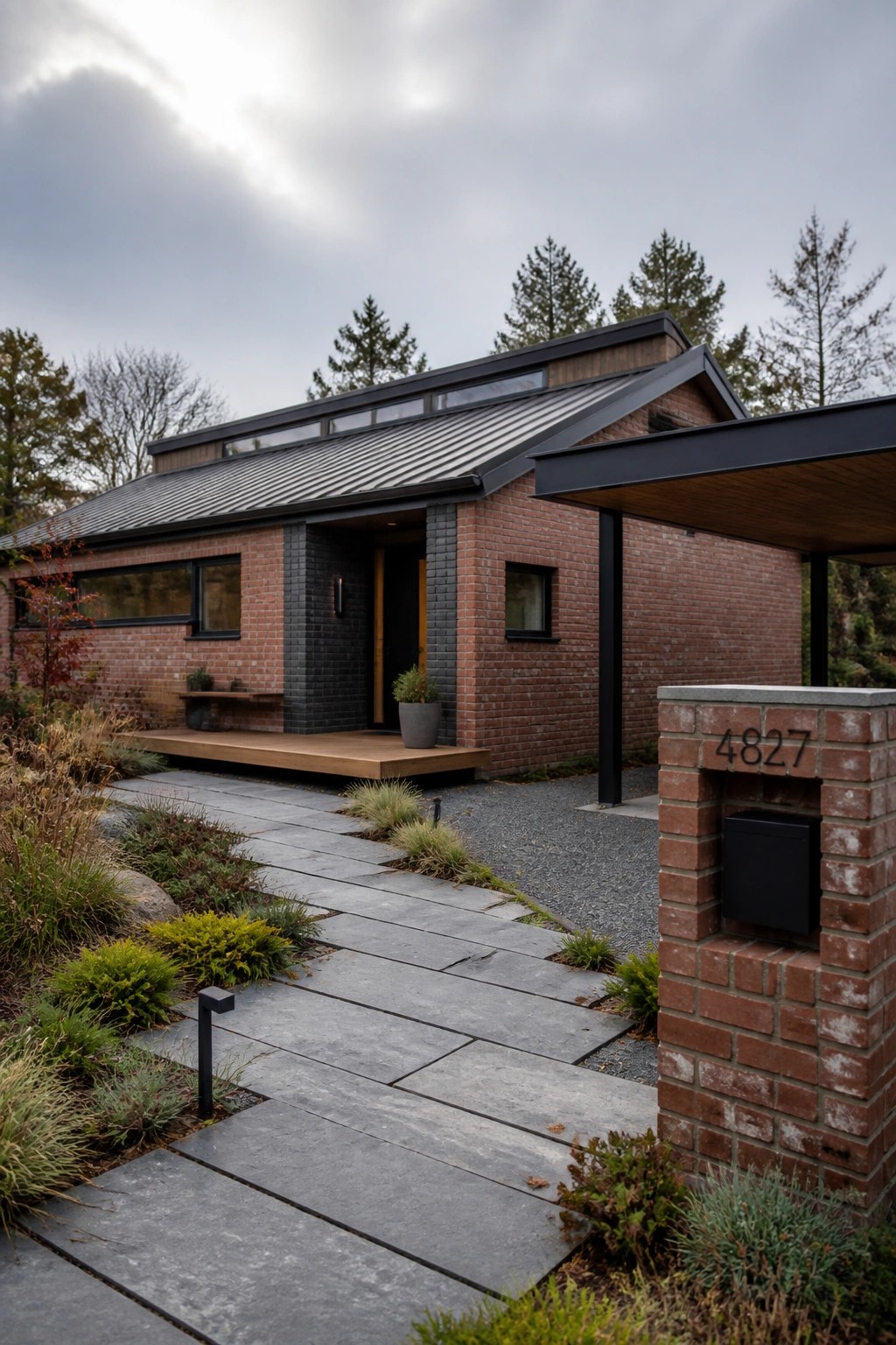 A contemporary red brick house with black brick accents, a dark metal roof, and a paved walkway leading to the front entrance.