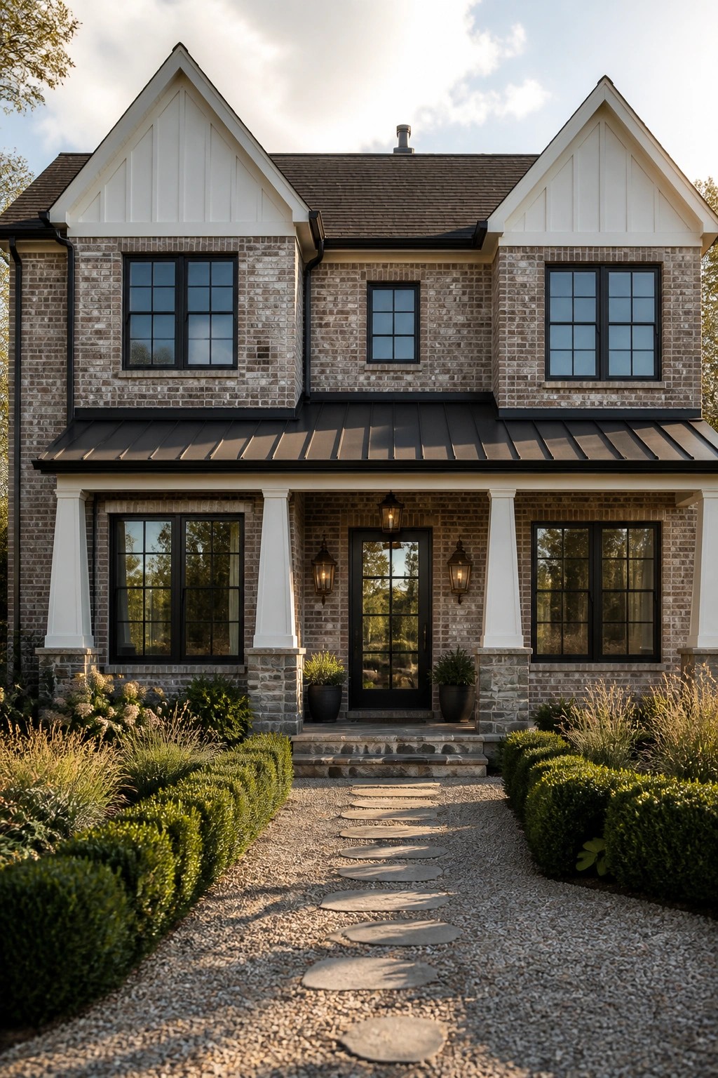 Front view of a two-story brick farmhouse with two symmetrical gables, black-framed windows, a central black door with lanterns, and a gravel path leading to the entry.