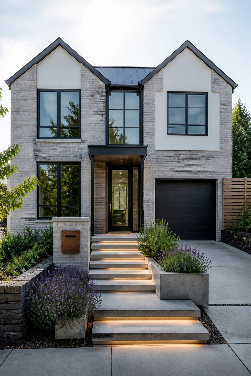 Front view of a two-story contemporary brick farmhouse with symmetrical gabled roofs, black-framed windows, central entry, and attached garage.