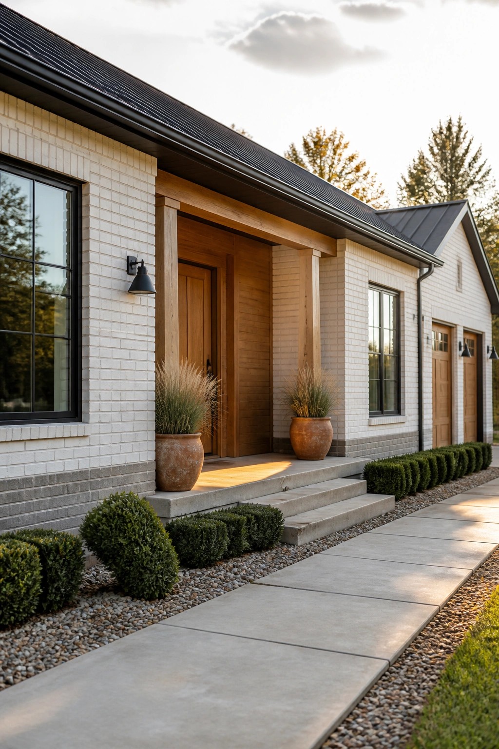 A white brick house exterior with a wooden front entry porch, steps, and potted plants beside the door.
