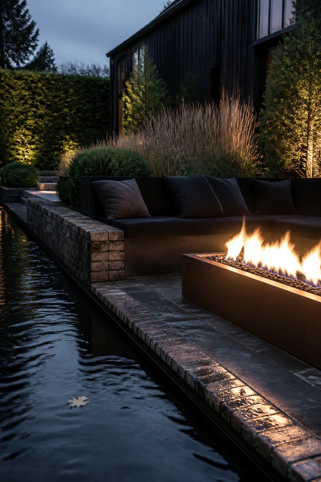 An outdoor seating area with dark cushions and a rectangular metal fire pit sits beside a narrow water channel next to a black house at dusk.