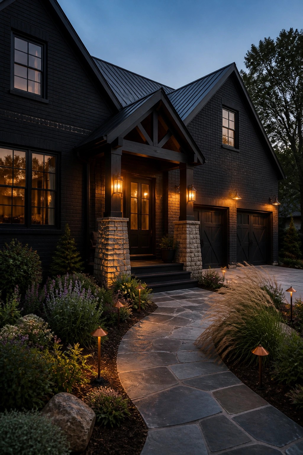 A dark black farmhouse exterior at dusk with stone entry columns, a metal roof, double garage doors, and a curving stone pathway lined with low landscape lights.