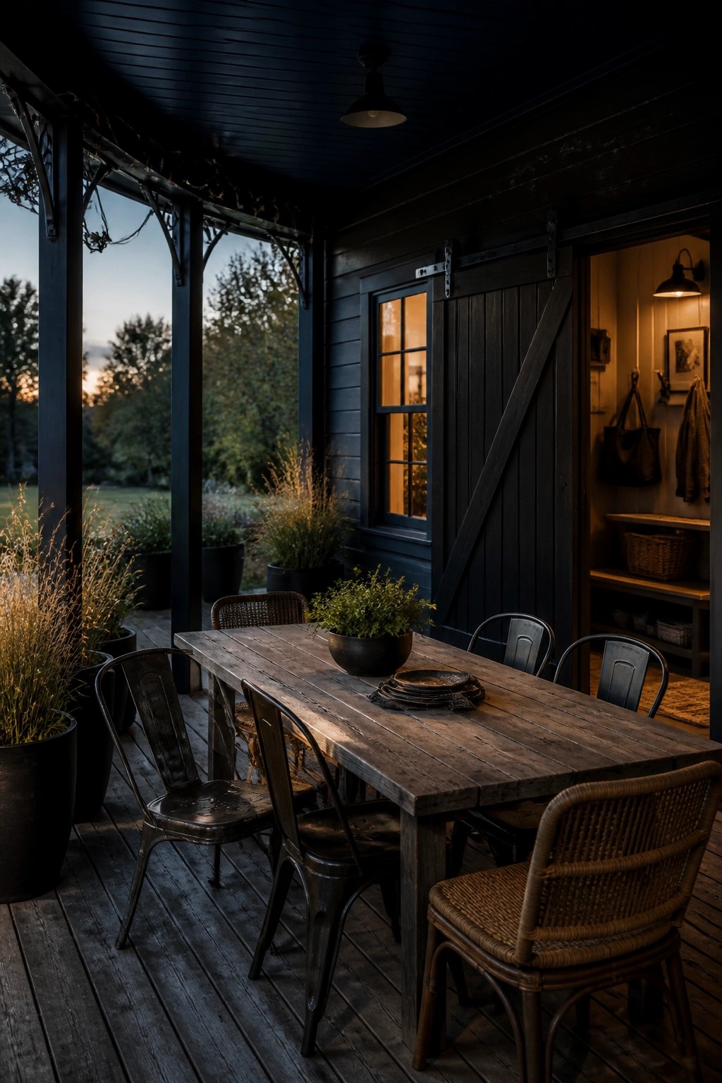 A covered porch with a long wooden dining table, mixed metal and wicker chairs, potted plants, and a dark sliding barn door on a black exterior at dusk.