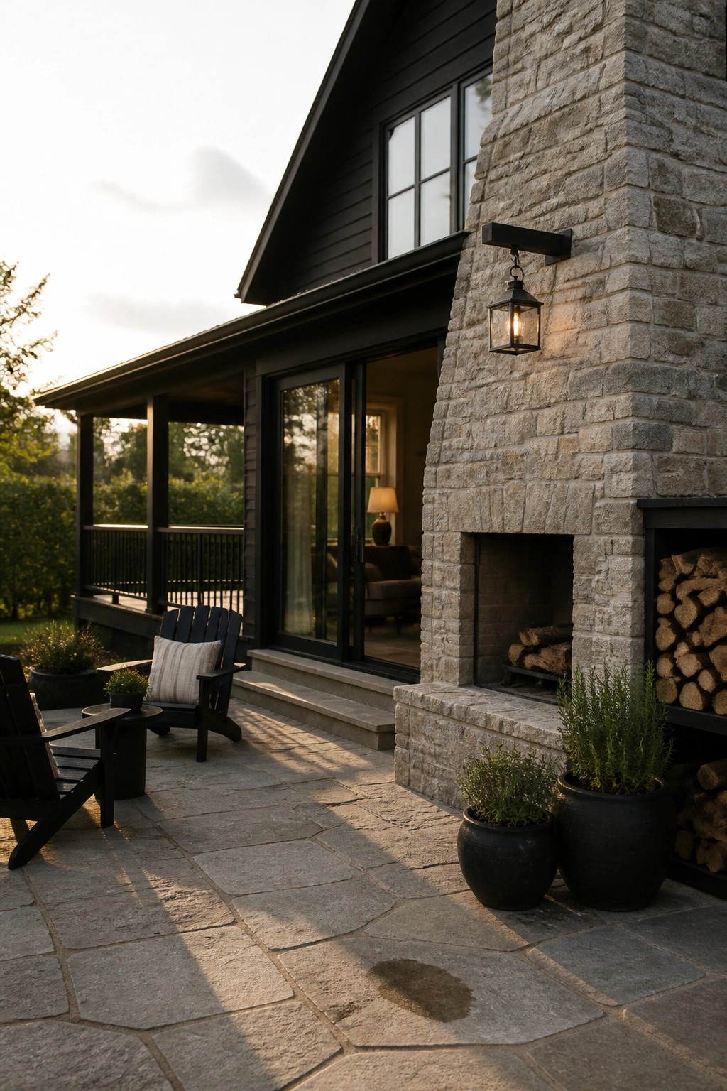 Stone patio with black Adirondack chairs beside a dark house exterior featuring a large stone chimney and built-in outdoor fireplace.
