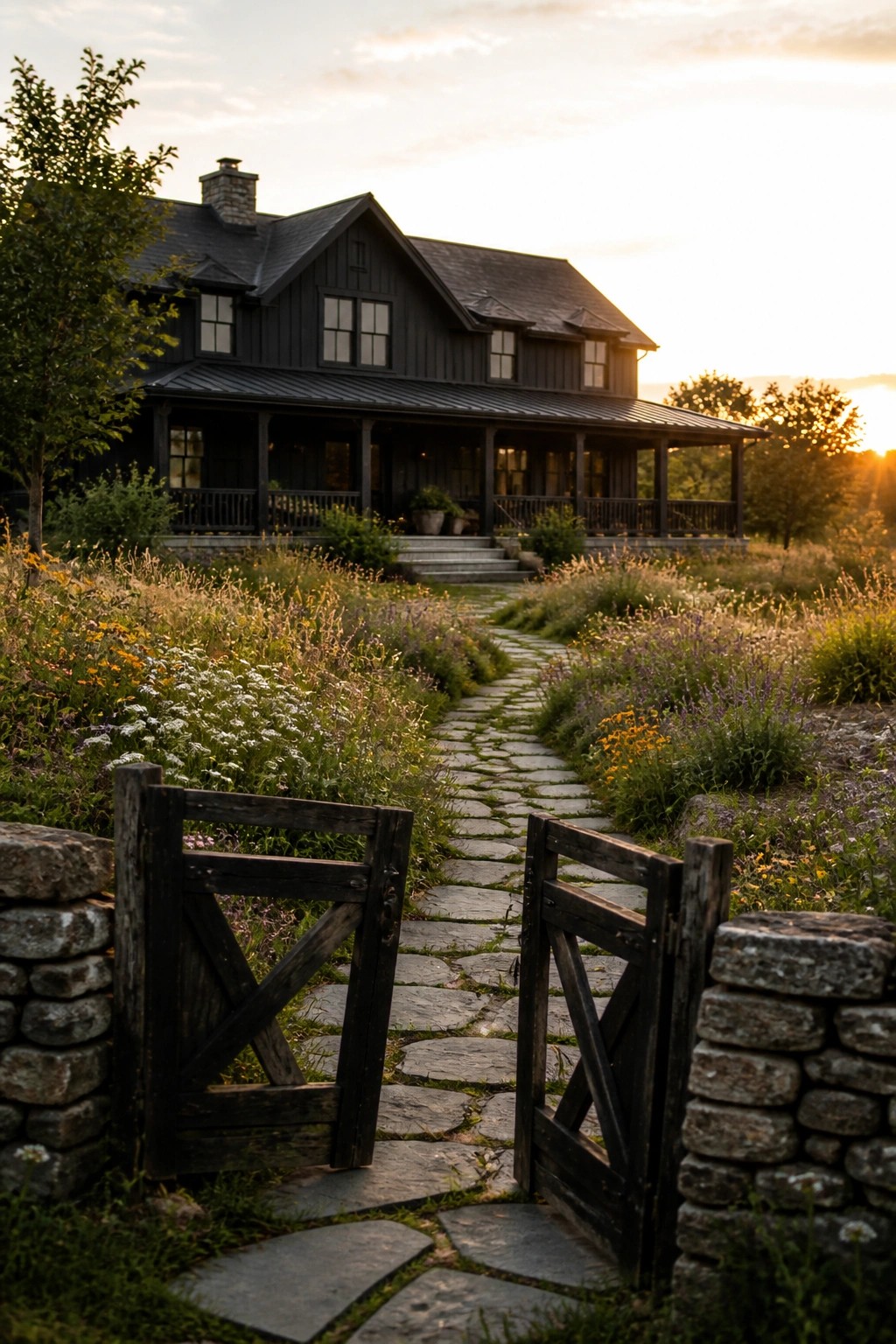 A dark gray farmhouse with black roof and trim stands behind a stone path and open wooden gate, with wildflowers on both sides at sunset.