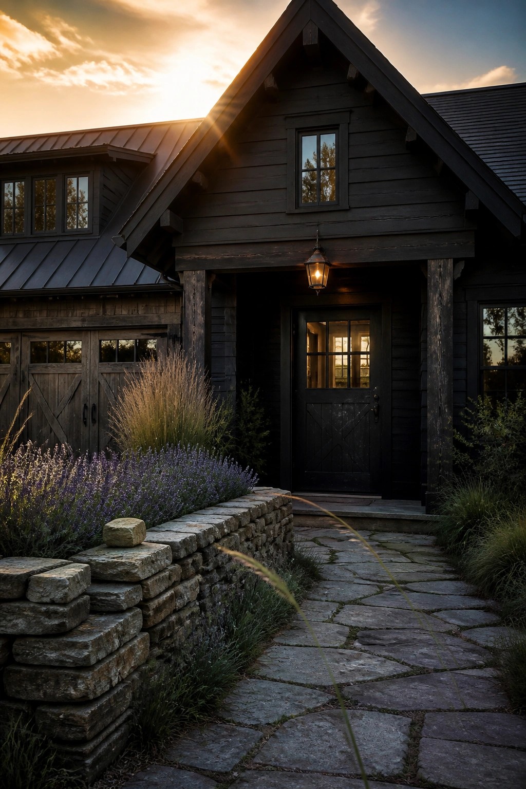 A dark wooden farmhouse with a gabled roof, black front door, lit lantern, stone path, and low stone wall with purple flowers at sunset.