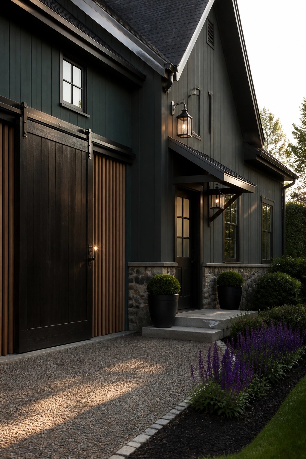 A dark green farmhouse exterior with black sliding barn doors, a black front door, stone foundation, and purple flowers along the gravel path.