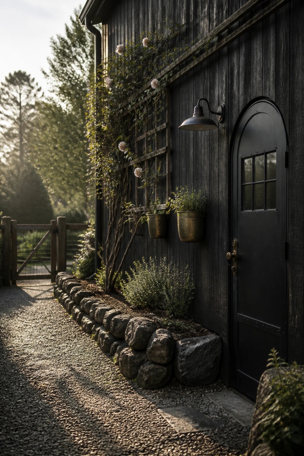 A dark wooden farmhouse exterior wall with black arched door, wall-mounted light fixture, climbing roses on a trellis, and potted plants above a low stone border.