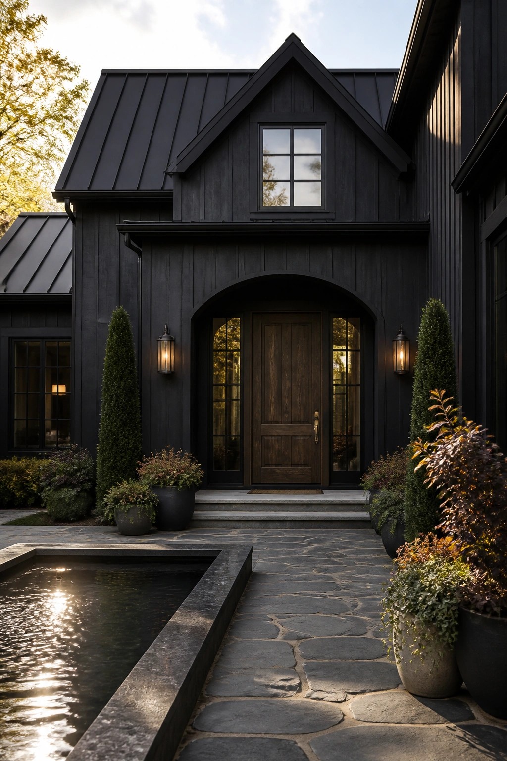 A black wooden farmhouse exterior with an arched entry, dark metal roof, and stone pathway leading to the front door.