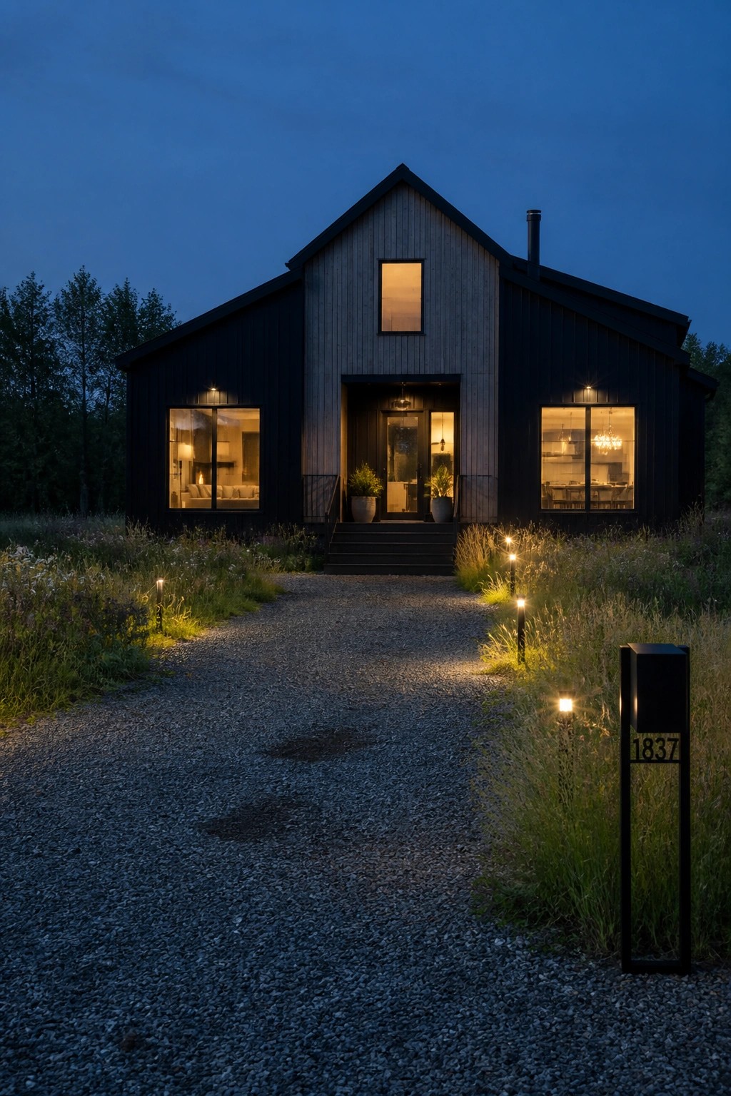 Modern black house with glowing windows and lit pathway on gravel drive at dusk
