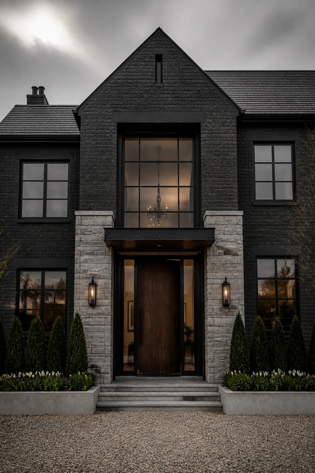 Front view of a dark brick farmhouse with a central wooden door, tall grid window above the entry, stone pillars, and symmetrical windows on either side.