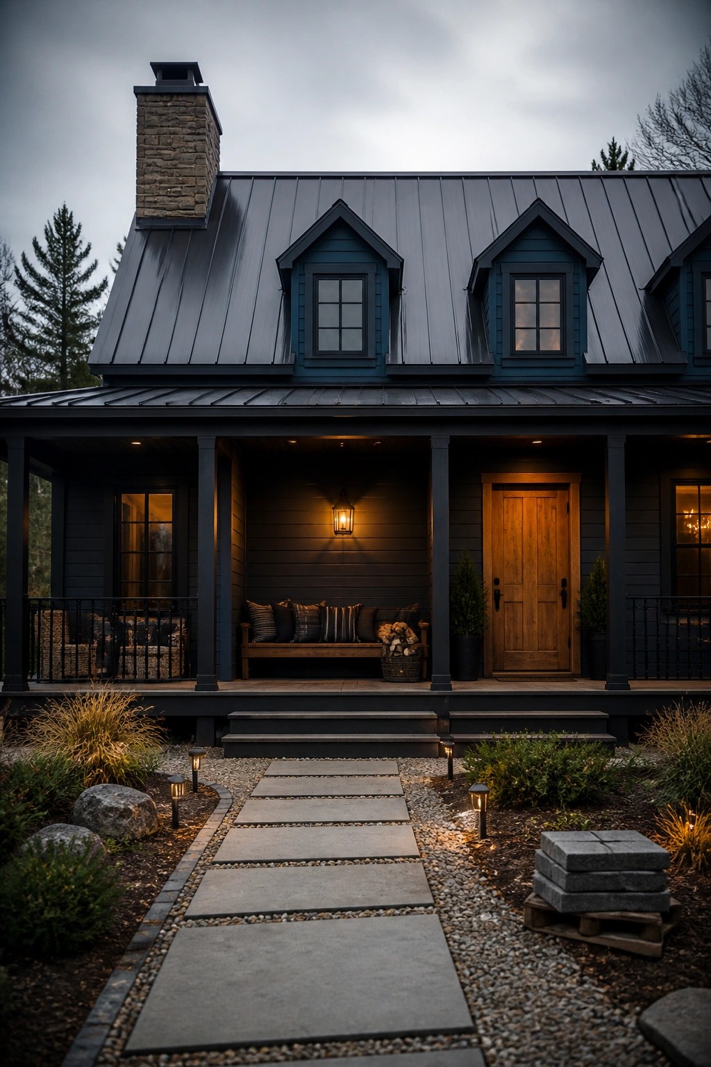 A dark gray farmhouse exterior with a metal roof, blue dormers, a wooden front door on a covered porch, and a stone pathway leading to the steps.