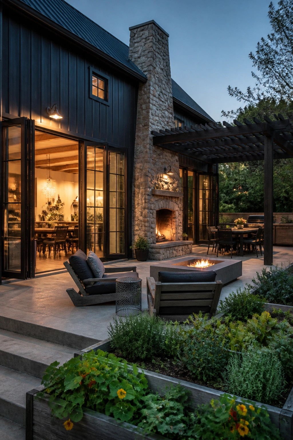 A dark farmhouse with open doors to a stone patio that includes a fire pit, wooden seating, a pergola, and a large stone chimney at dusk.