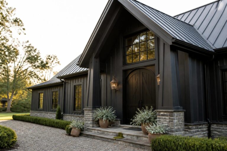 A dark painted farmhouse exterior with black siding, a metal roof, stone foundation, arched front door, and stone steps flanked by potted plants.