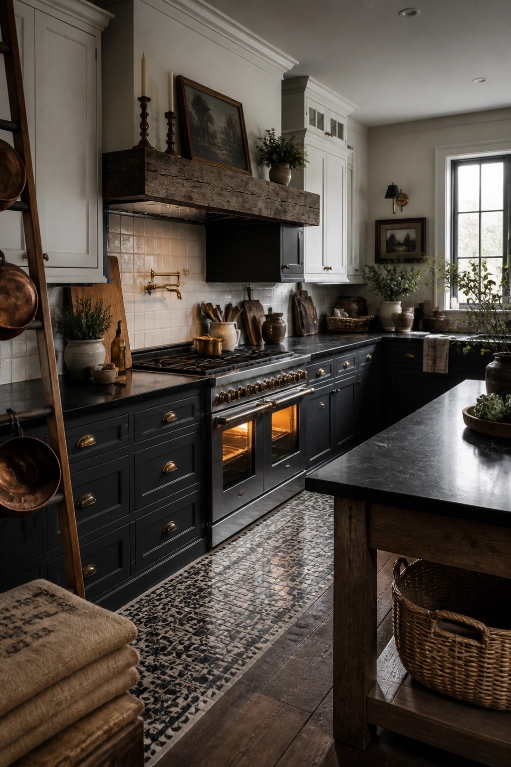 A farmhouse kitchen with white upper cabinets, dark lower cabinets, a professional range, and a wooden island.