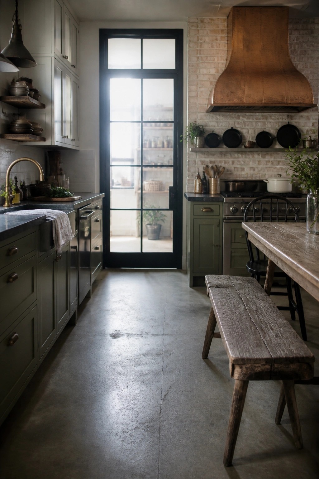 A farmhouse kitchen with dark green cabinets, a large wooden table and bench, a copper range hood, and a black door with glass panes.